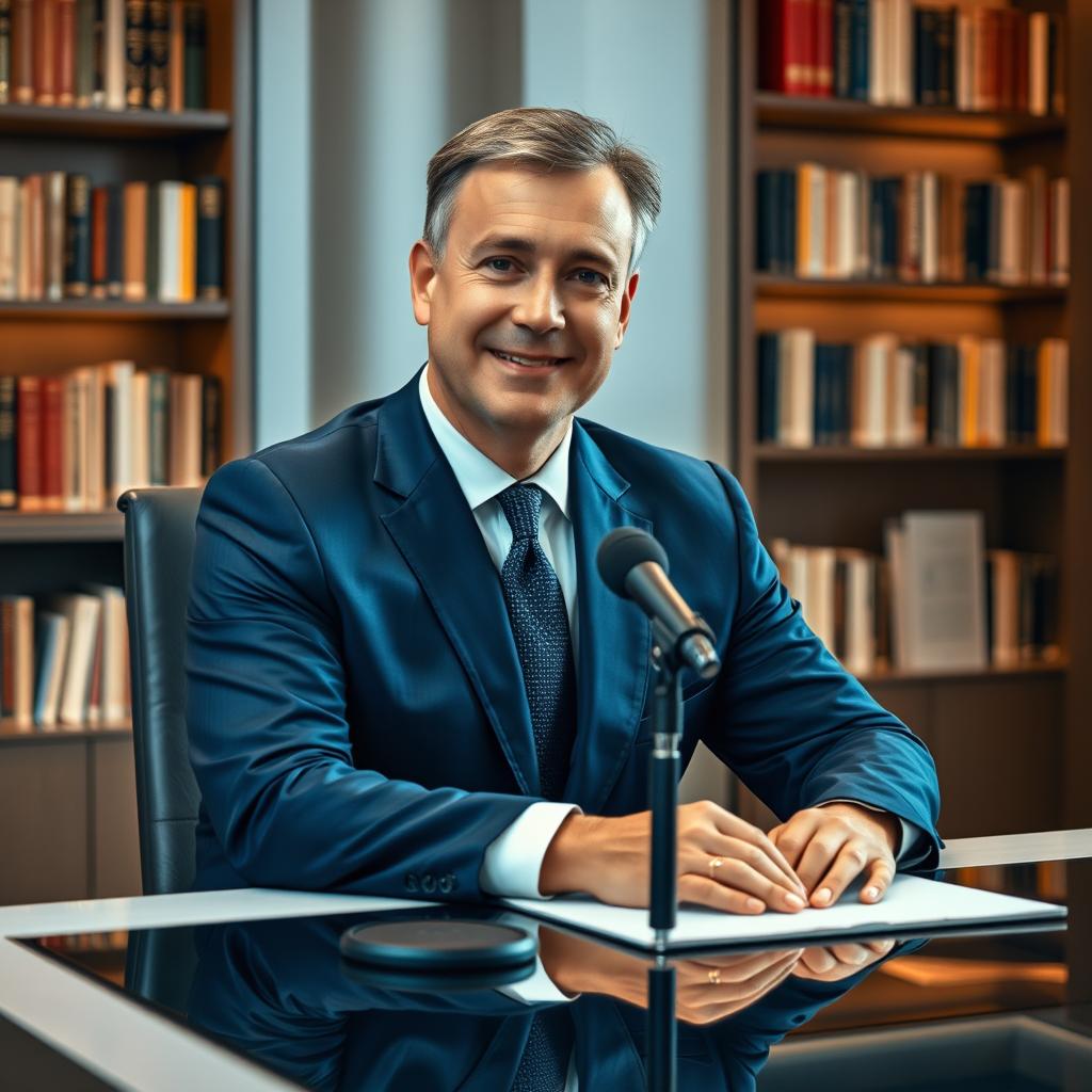A sophisticated scene featuring a middle-aged man wearing a sharp, tailored dark blue suit, sitting at a sleek modern desk