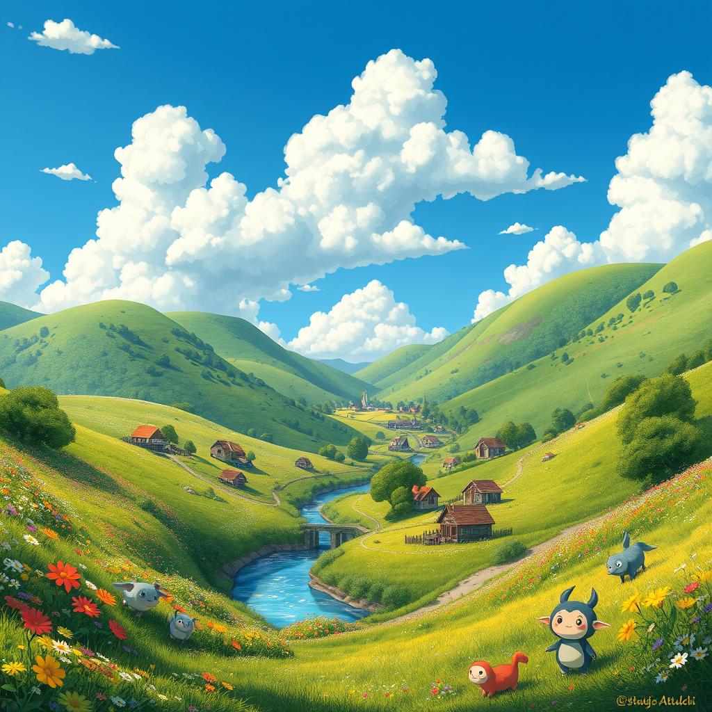 A whimsical landscape scene in the style of Studio Ghibli, featuring lush green hills, vibrant wildflowers, and a clear blue sky filled with fluffy clouds
