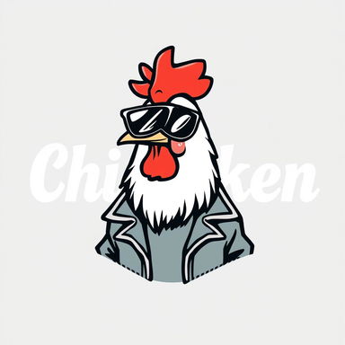A logo design for a chicken brand featuring a cool line-drawn chicken wearing stylish sunglasses and a leather jacket
