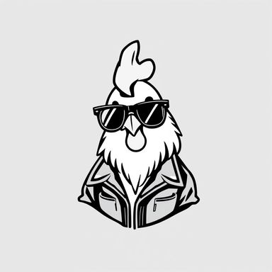 A logo design for a chicken brand featuring a cool line-drawn chicken wearing stylish sunglasses and a leather jacket