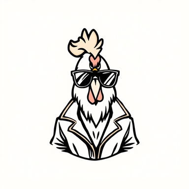 A logo design for a chicken brand featuring a cool line-drawn chicken wearing stylish sunglasses and a leather jacket