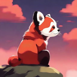 A child with the face of a red panda sitting in profile, looking up at a cloudy red sky