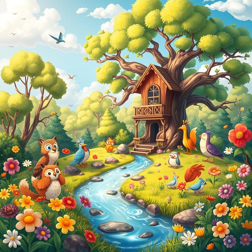 A colorful and vibrant cartoon scene depicting an enchanting forest filled with whimsical creatures, including talking animals like a wise owl, a playful fox, and a singing bird
