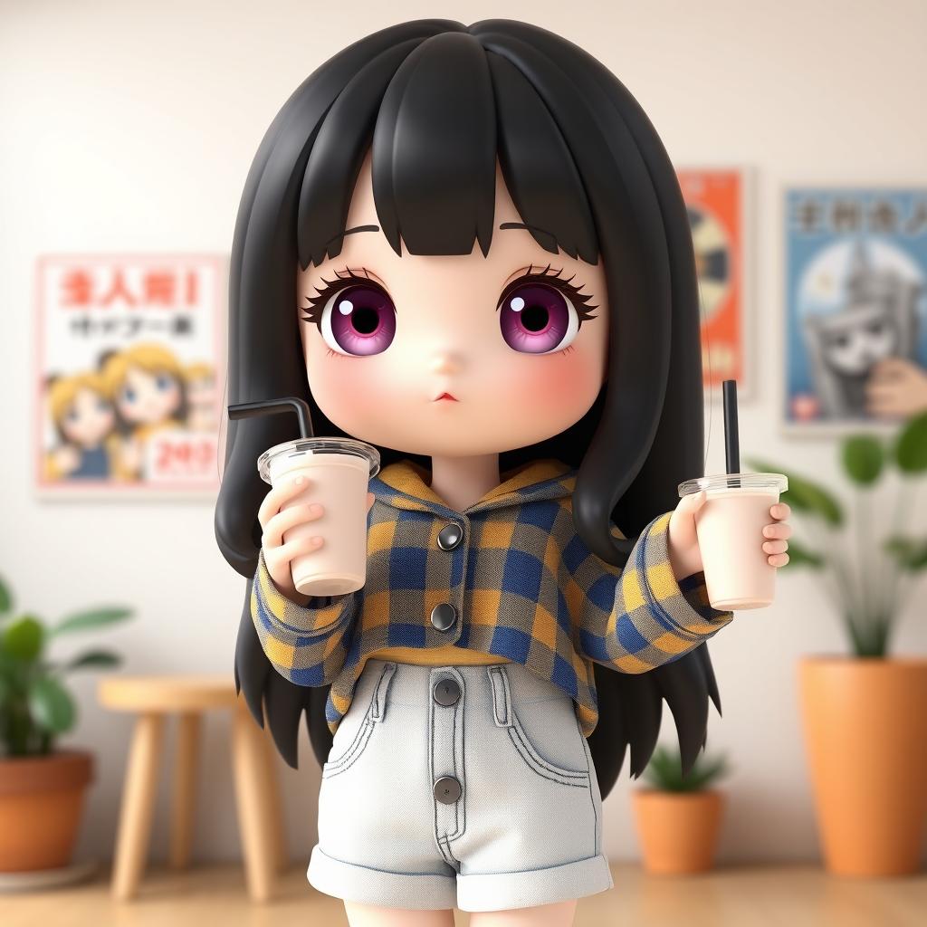 A chibi doll style 3D girl character with smooth dark long hair that has natural soft curls at the ends and bangs neatly covering her forehead