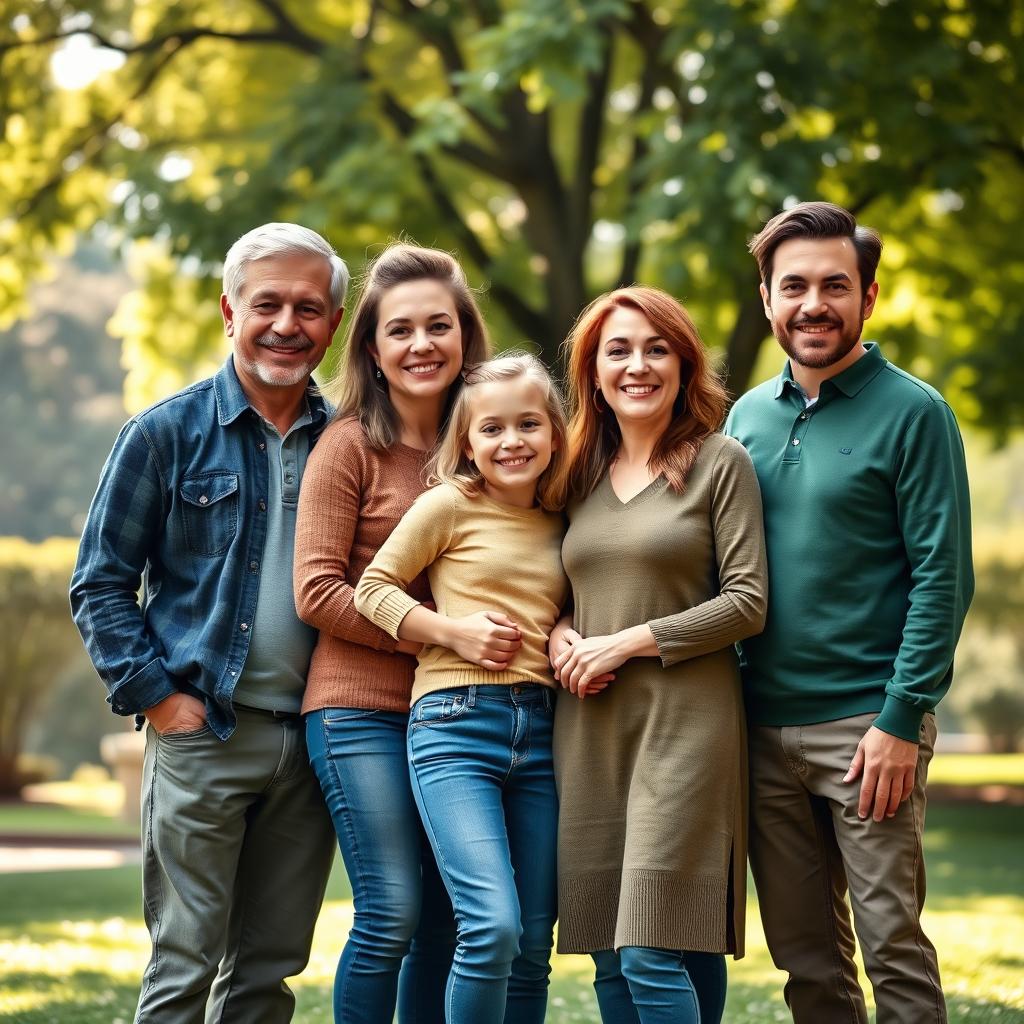 A realistic family portrait featuring multiple individuals with their original faces intact