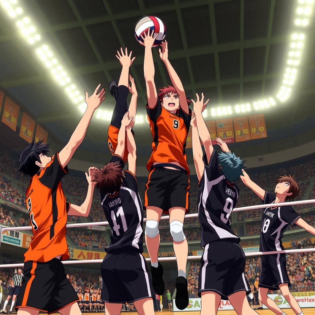 A dynamic volleyball scene featuring characters from the Haikyuu anime, specifically during a match between Karasuno and Nekoma