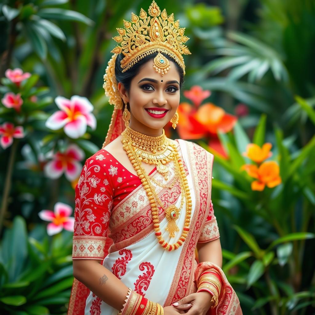 A beautiful Kandyan bride in traditional attire, adorned with intricate golden jewelry and a stunning headpiece