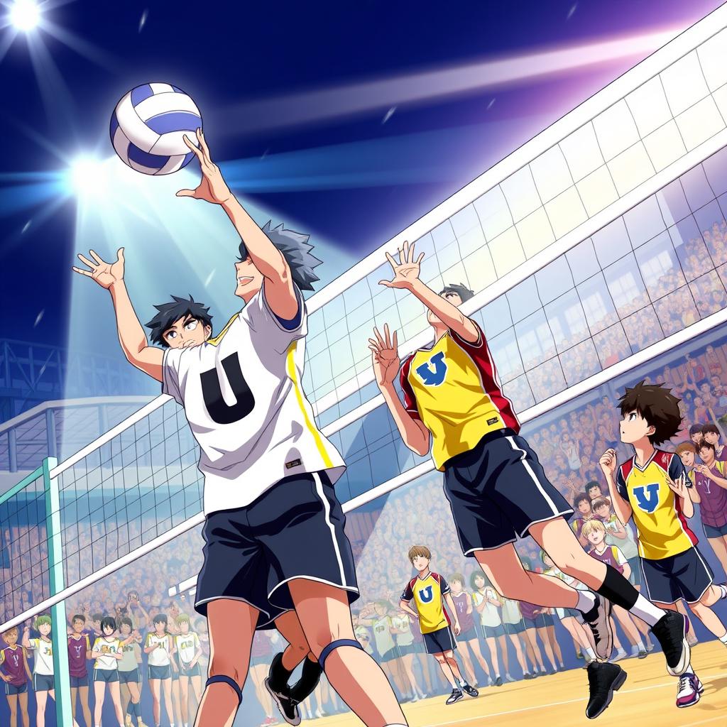 A dynamic volleyball match scene featuring characters from Haikyuu, specifically the fierce rivalry between Karasuno and Nekoma