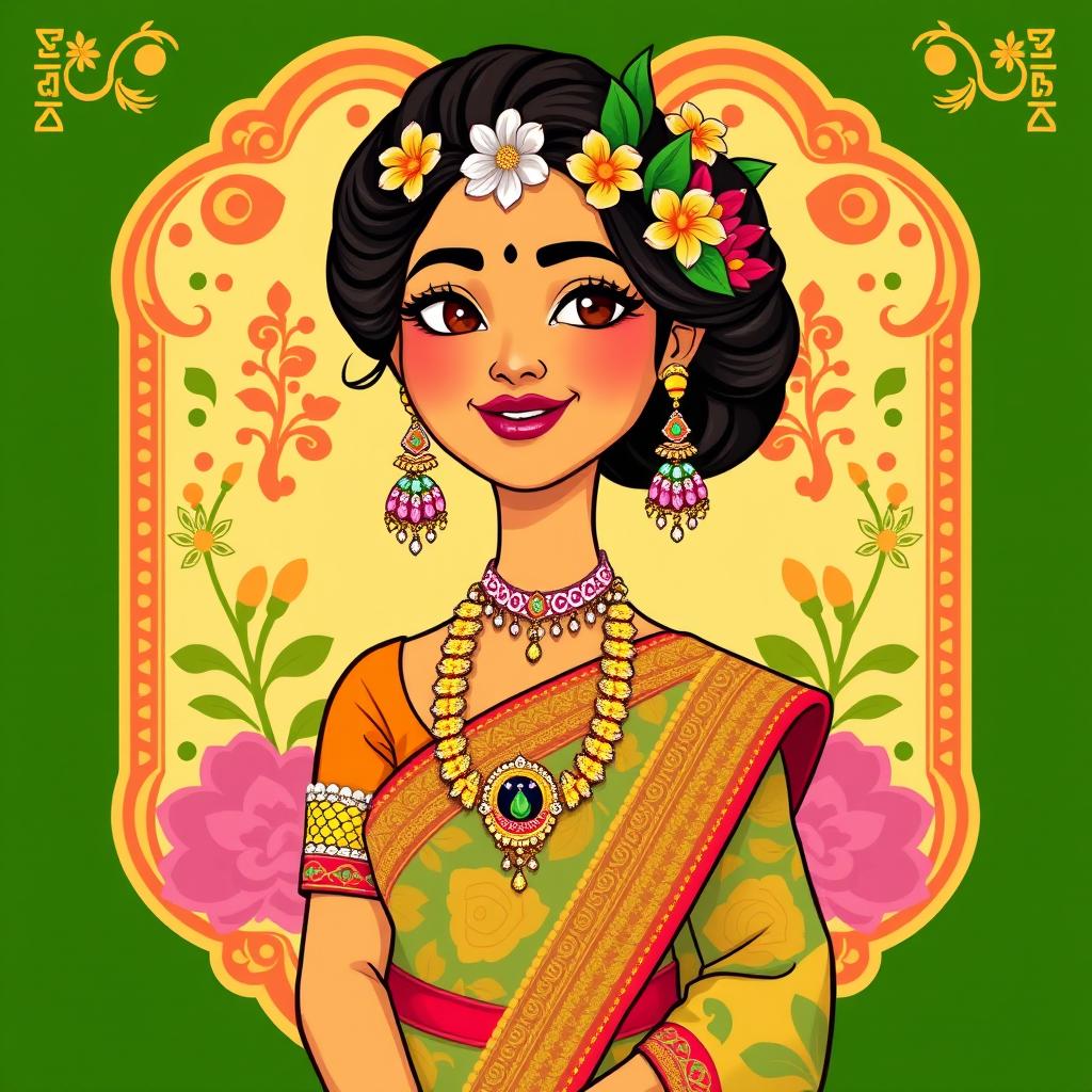 A vibrant cartoon illustration of a Kandyan bride from Sri Lanka, adorned in traditional clothing with intricate patterns and bright colors