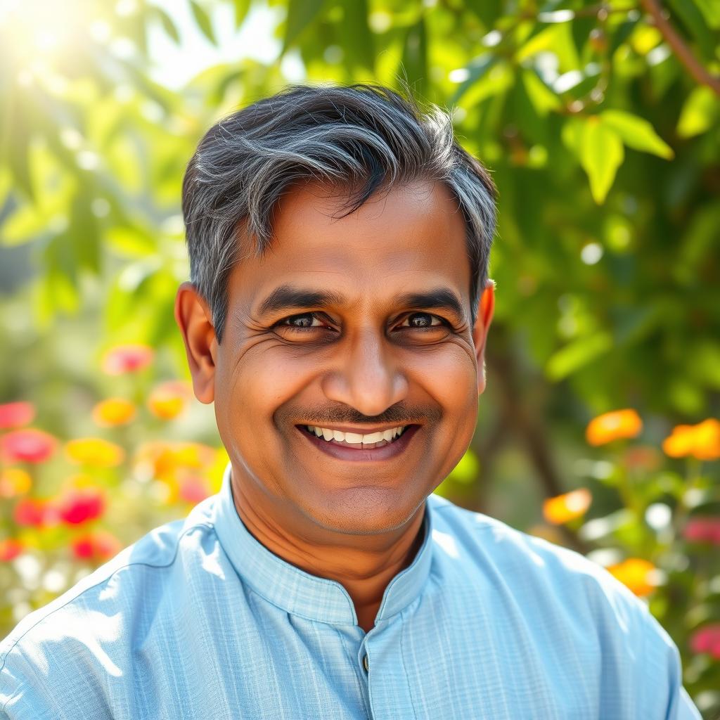 A vibrant portrait of a middle-aged Indian man named Pramod, showcasing his warm smile and friendly demeanor