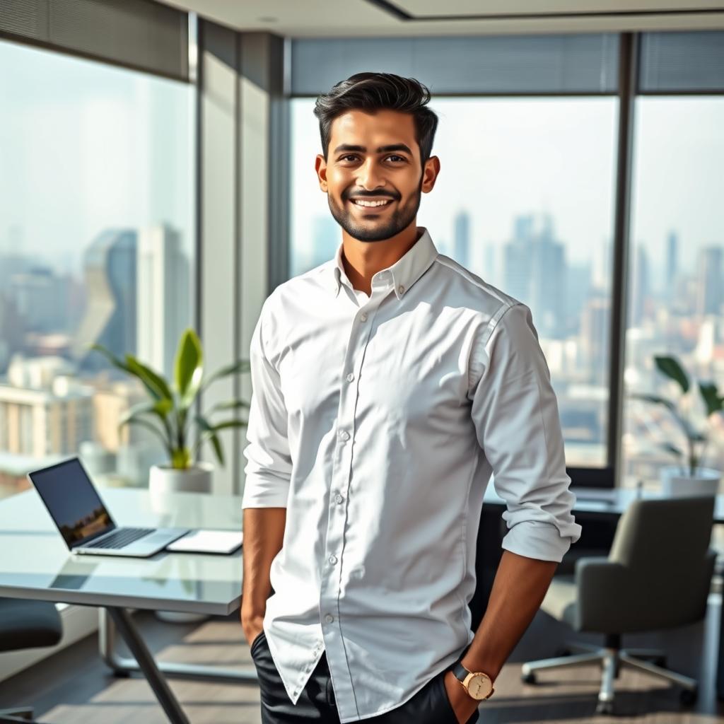 A stylish modern office scene featuring a confident young man named Pramod wearing a crisp white shirt