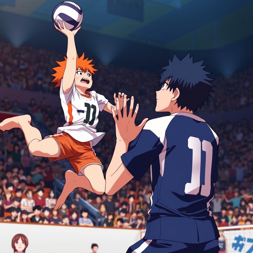 A vibrant and dramatic scene featuring Hinata and Kageyama from the anime Haikyuu!! during a high-energy volleyball match