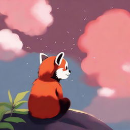 A child with the face of a red panda sitting in profile, looking up at a cloudy red sky