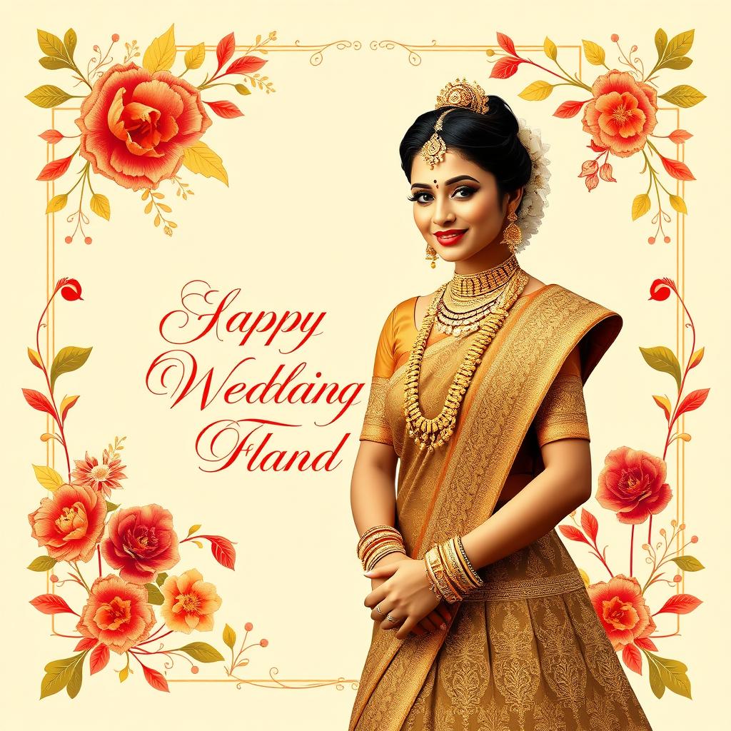 Elegant wedding card design featuring a traditional Sri Lankan Kandyan bride in her stunning attire, adorned with intricate gold jewelry, including a grand necklace and ornate earrings, in a graceful pose