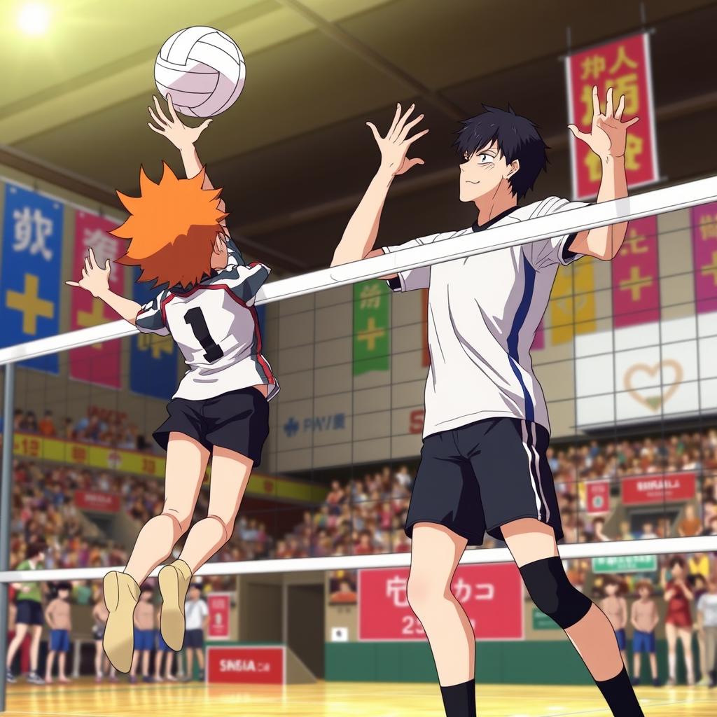 A dynamic volleyball match scene featuring two talented players: Hinata and Kageyama from Haikyuu