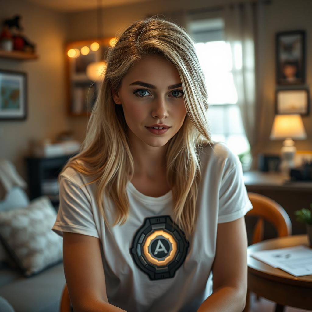 A beautiful young woman with long blonde hair, resembling a character named Cassie Lang, wearing an Arc Reactor embedded in her chest