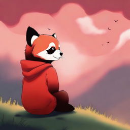 A child with the face of a red panda sitting in profile, looking up at a cloudy red sky