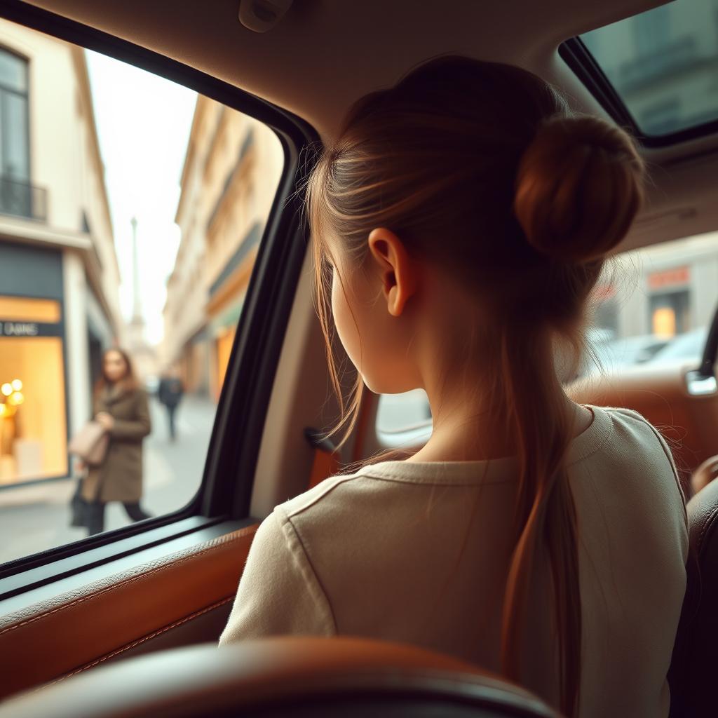 A captivating scene of a young girl sitting in the back of a taxi in Paris