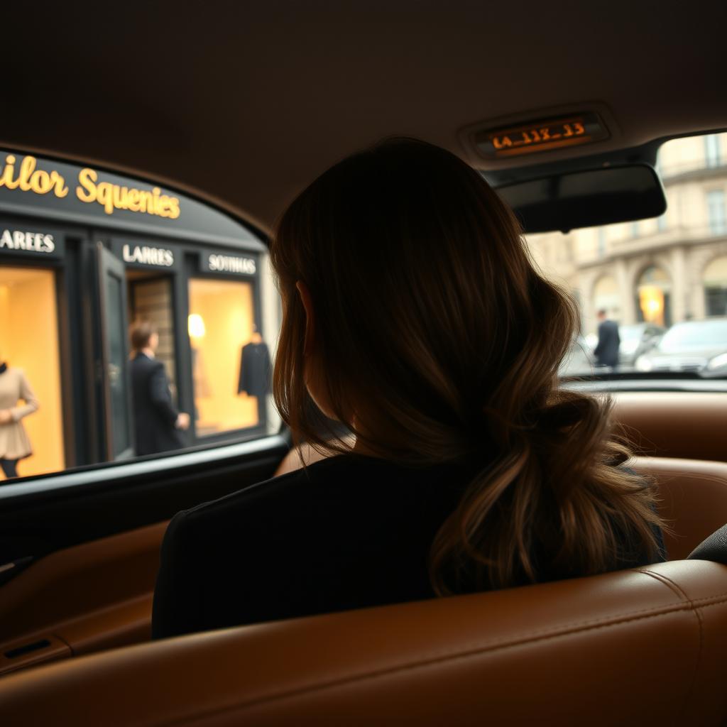 A captivating scene of an 18-year-old girl sitting in the back of a taxi in Paris