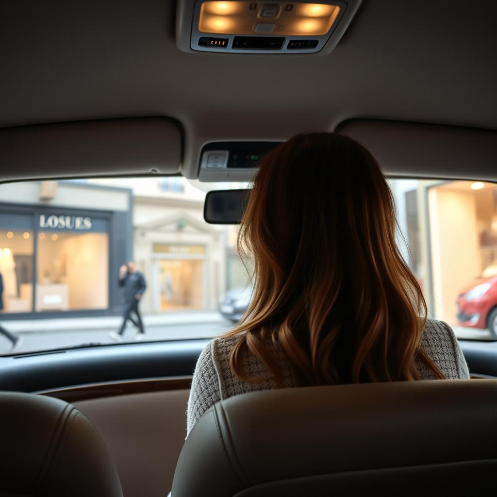 A capturing scene of an 18-year-old girl sitting in the back of a taxi in Paris