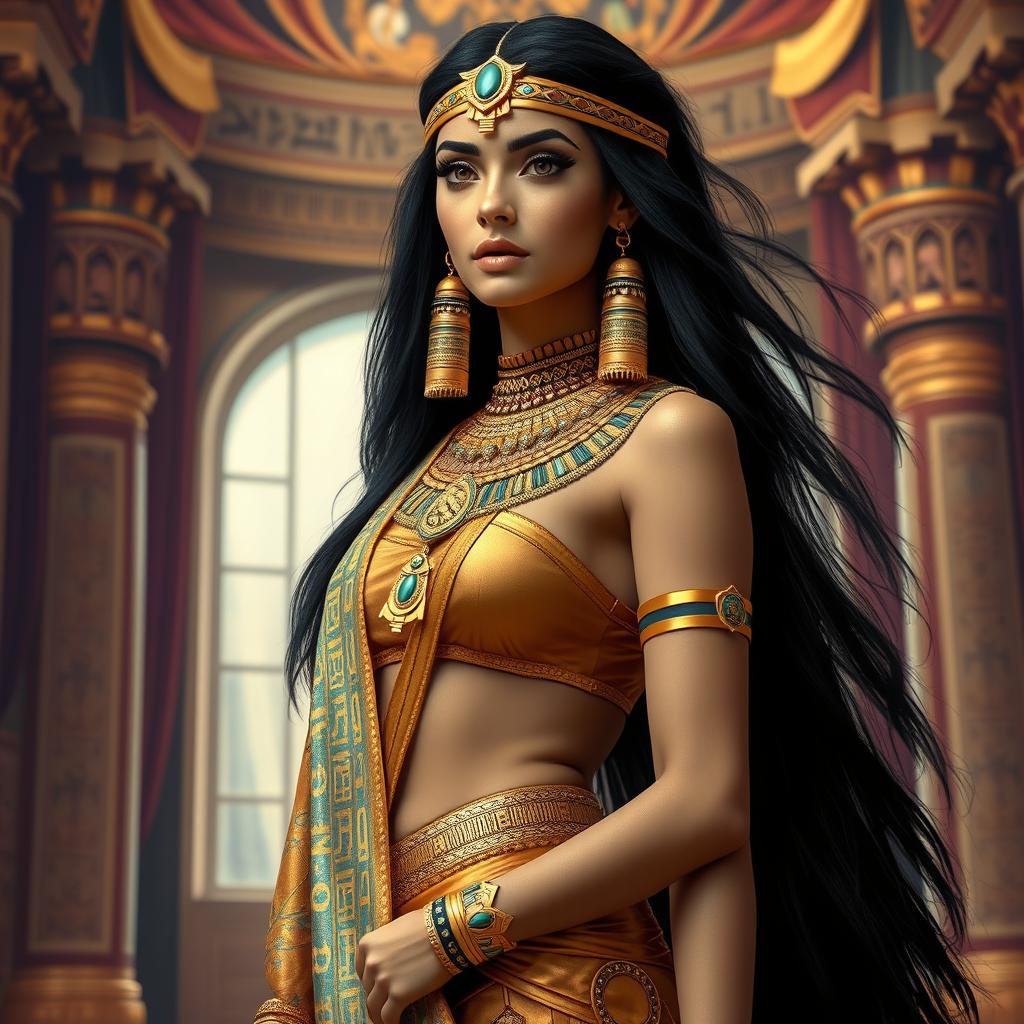 A stunning Egyptian princess wearing an exquisite tanga, adorned with intricate golden jewelry and beautiful embroidered fabrics