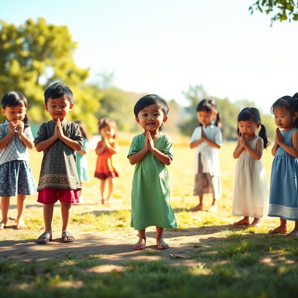 A serene scene depicting children of various ethnicities joyfully performing prayer in an open space, surrounded by nature