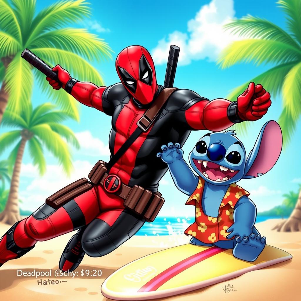 A unique crossover scene showing Deadpool, the comic book anti-hero, in his iconic red and black suit, playfully interacting with Stitch, the blue alien character from Disney's 'Lilo & Stitch'