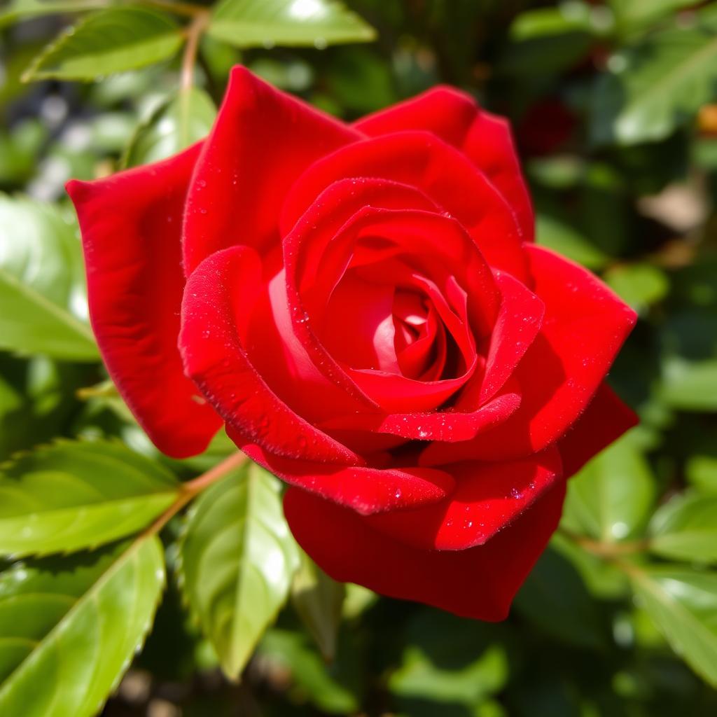 A beautiful close-up of a vibrant, blooming red rose, showcasing its intricate petals glistening with dew drops, surrounded by lush green leaves