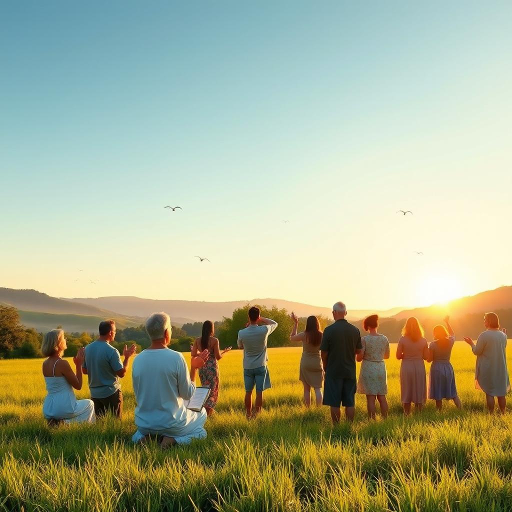 A serene landscape depicting a peaceful scene of worship, showing a diverse group of adults engaged in prayer and meditation