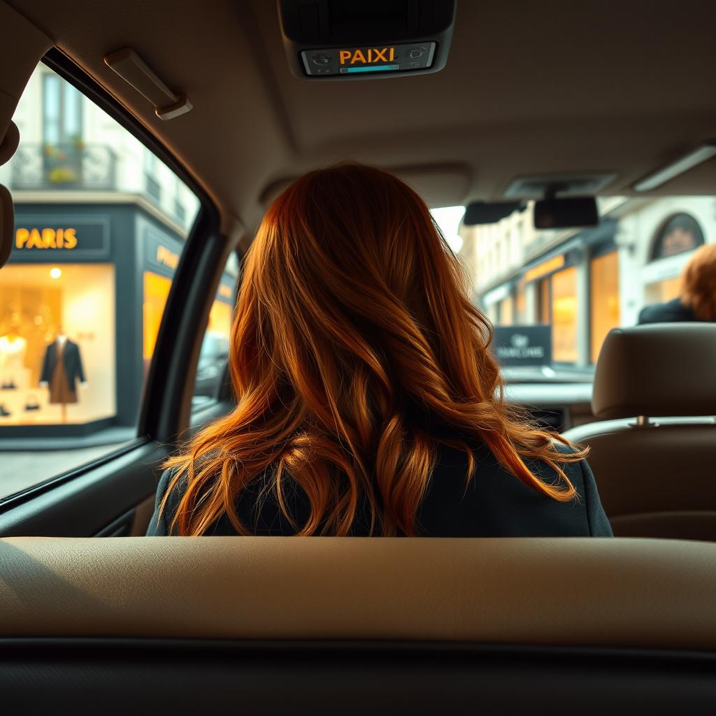 A captivating scene of an 18-year-old ginger girl sitting in the back of a taxi in Paris