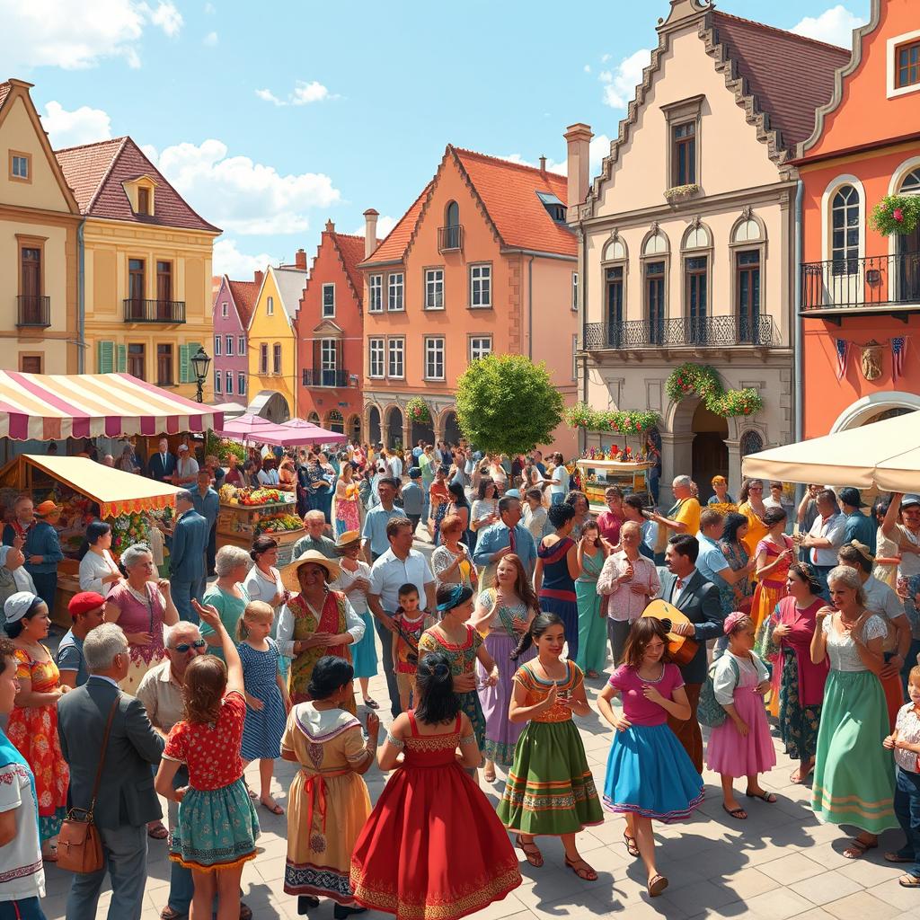 A vibrant and intricate depiction of a civic custom celebration in a beautiful town square, featuring a diverse group of people dressed in colorful traditional attire, engaging in joyful festivities