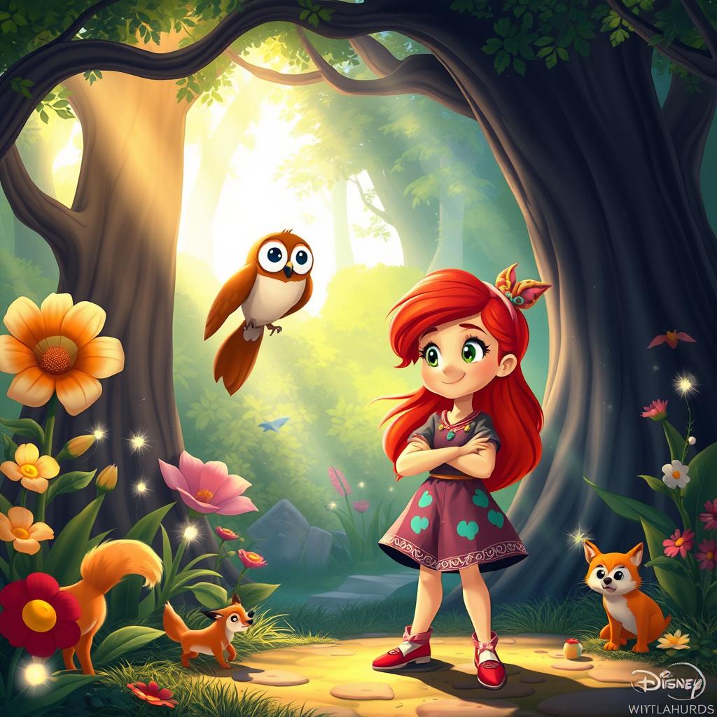 A whimsical scene featuring a brave young girl with vibrant red hair, wearing a colorful dress and a mischievous grin, standing in a magical enchanted forest filled with talking animals and giant flowers