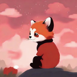 A child with the face of a red panda sitting in profile, looking up at a cloudy red sky