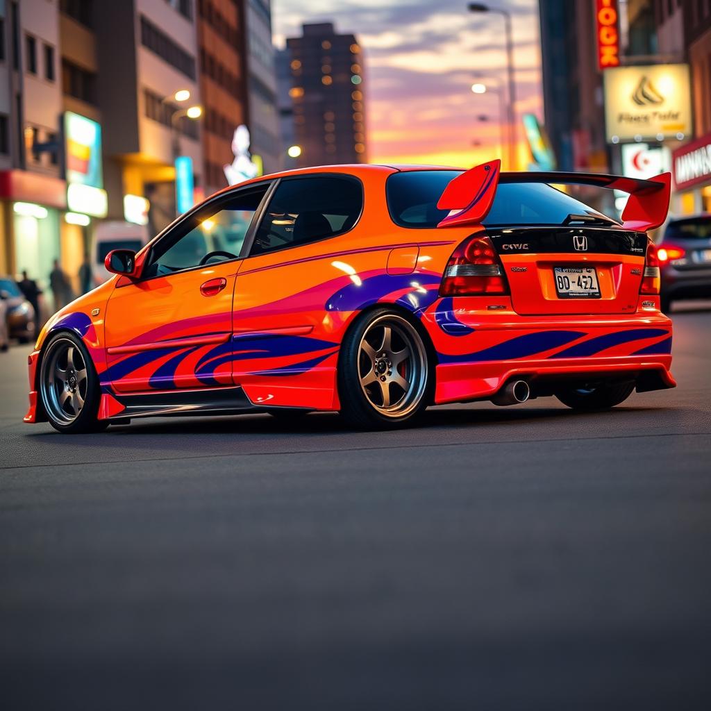 A custom 1999 Honda Civic featuring a vibrant, eye-catching aftermarket paint job, accented with stylish racing stripes