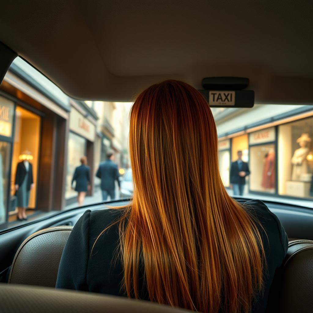A captivating scene of an 18-year-old girl with straight ginger hair sitting in the back of a taxi in Paris