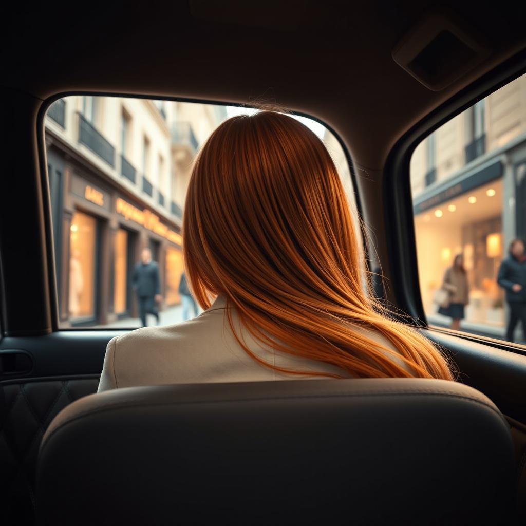 A picturesque scene of an 18-year-old girl with straight ginger hair sitting in the back of a taxi in Paris