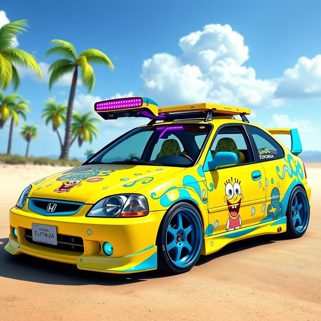 A highly customized 1999 Honda Civic transformed with a vibrant Bob Esponja (SpongeBob SquarePants) theme