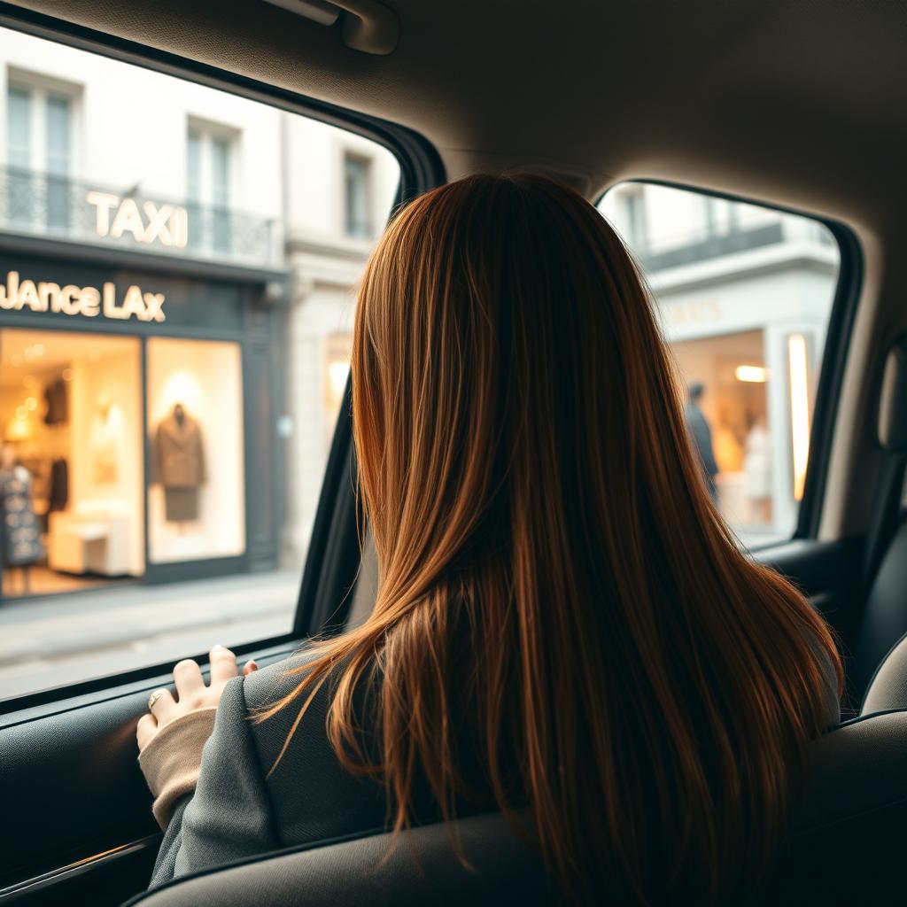 An intriguing scene of an 18-year-old girl with straight ginger hair sitting in the back of a taxi in Paris