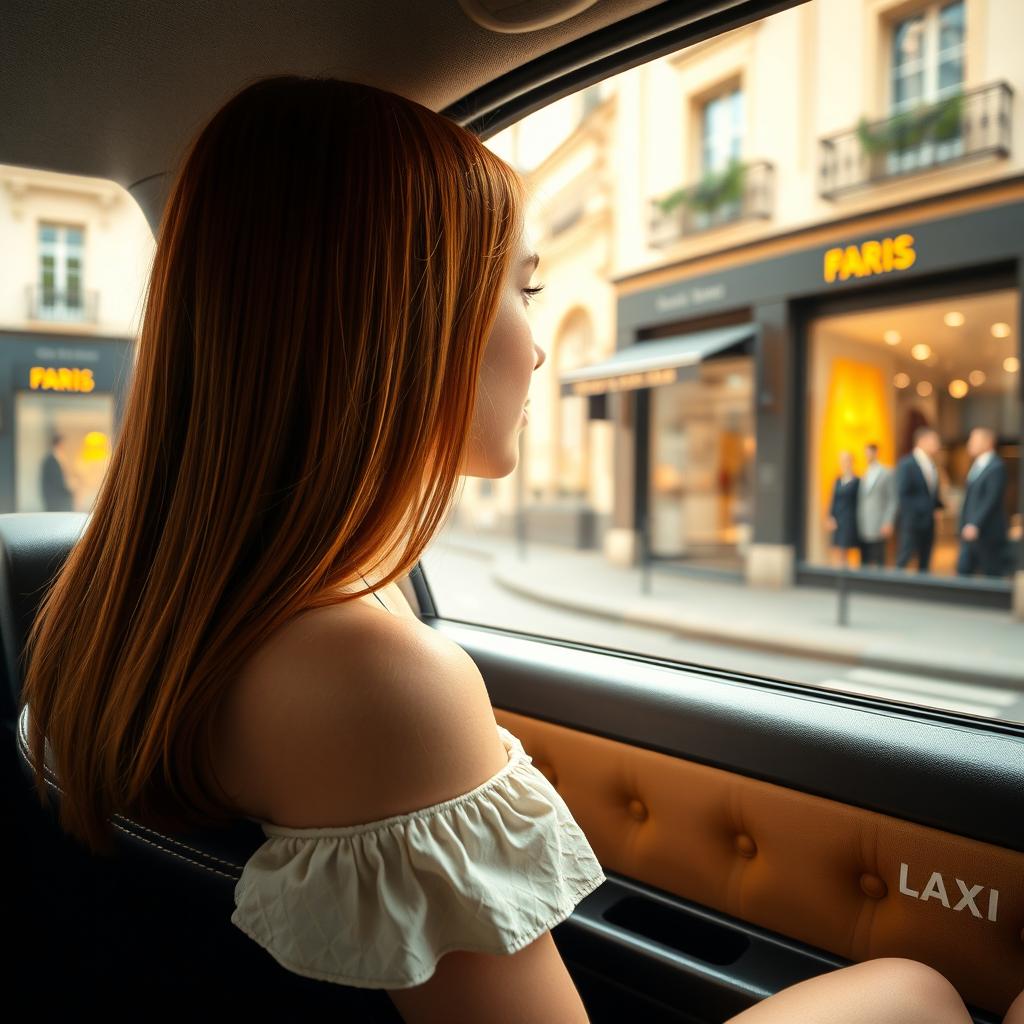 A charming scene of an 18-year-old girl with straight ginger hair sitting in the back of a taxi in Paris