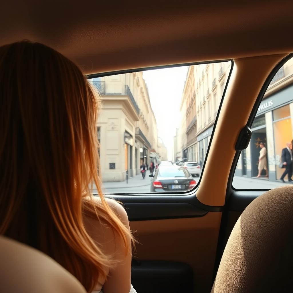A captivating scene of an 18-year-old girl with straight ginger hair sitting in the back of a taxi in Paris