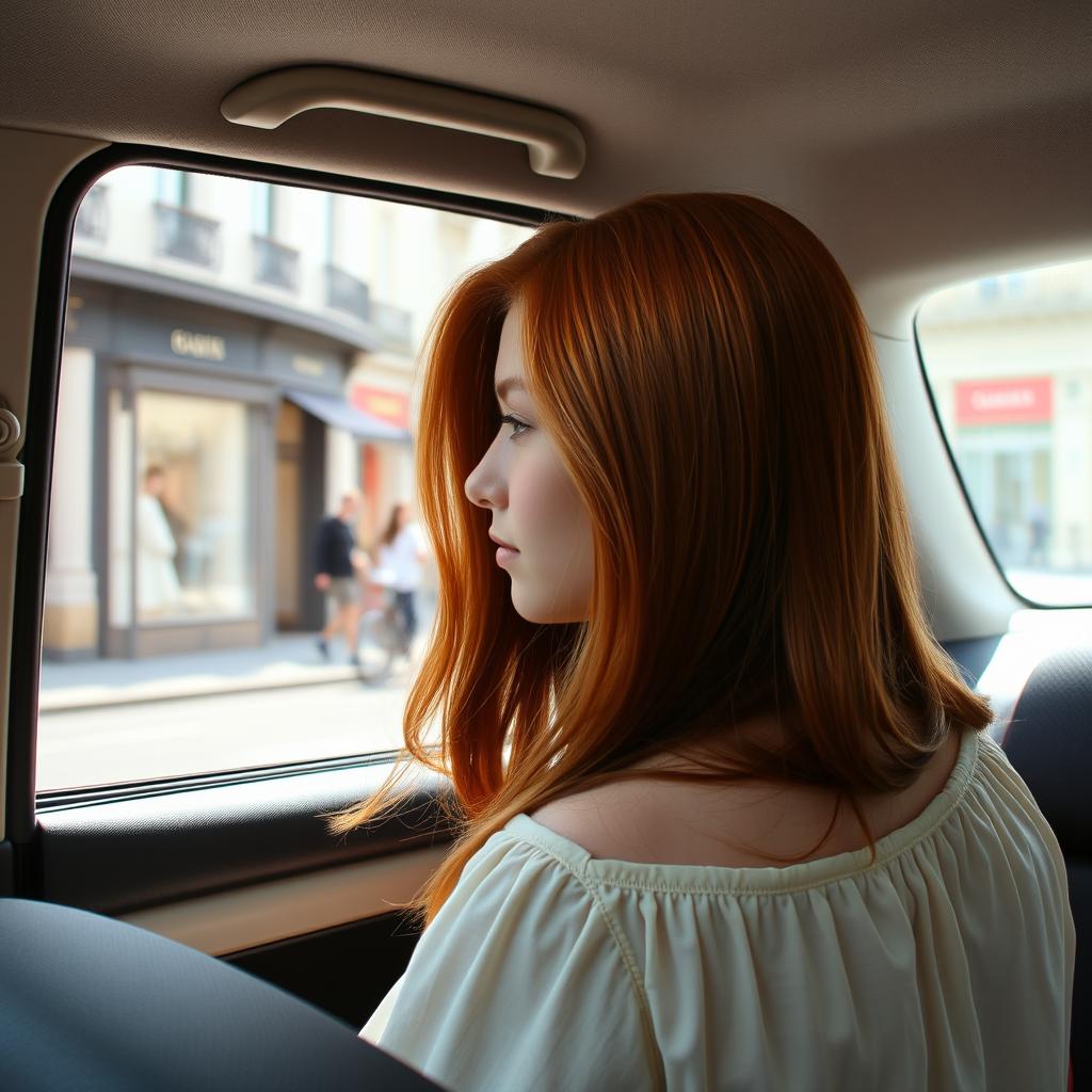 An 18-year-old girl sitting in the back seat of a taxi in Paris, gazing out the window at the elegant streets lined with luxury boutiques