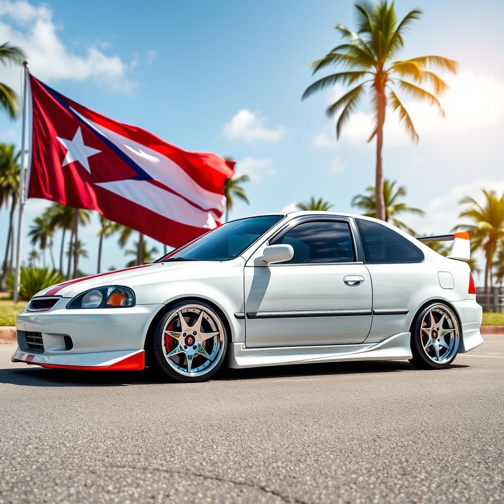A customized 1999 Honda Civic featuring vibrant modifications, showcasing unique bodywork and striking rims