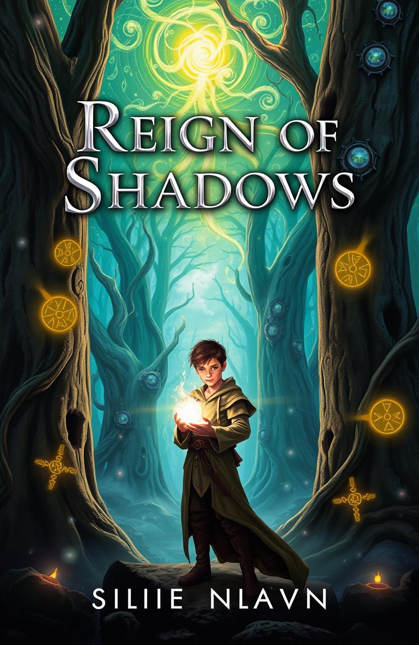 A fantasy book cover depicting a young, determined mage standing in an enchanted forest