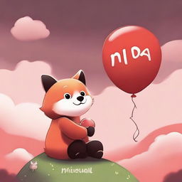 A child with a red panda face, sitting in profile gazing at a landscape with a cloudy red sky, holding a balloon in his hand with the word 'minimal' written on it