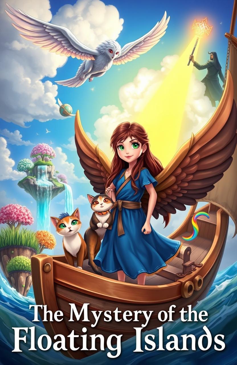 A magical book cover for 'The Mystery of the Floating Islands', featuring a 10-year-old girl named Mira with vivid green eyes and long brown hair, dressed in a flowing blue tunic