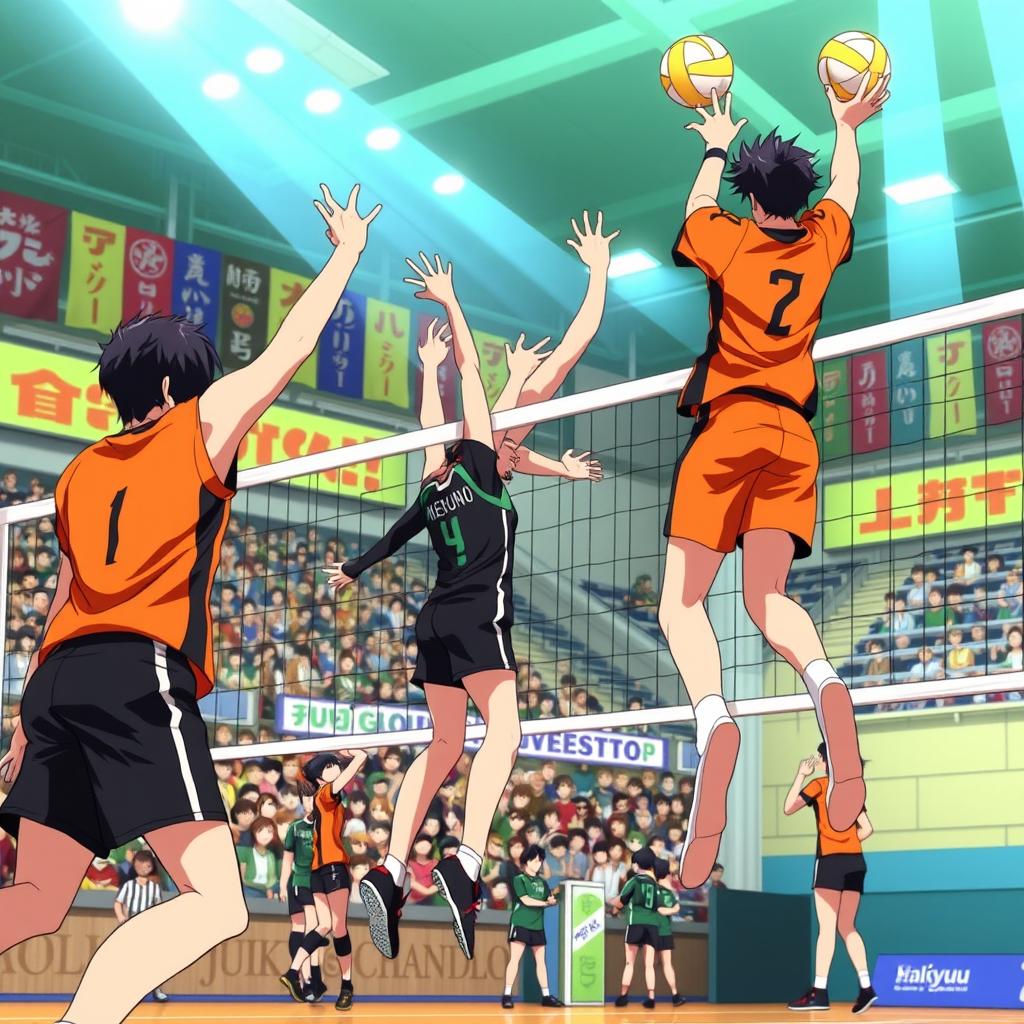 An exciting volleyball match between Karasuno and Nekoma from the anime Haikyuu