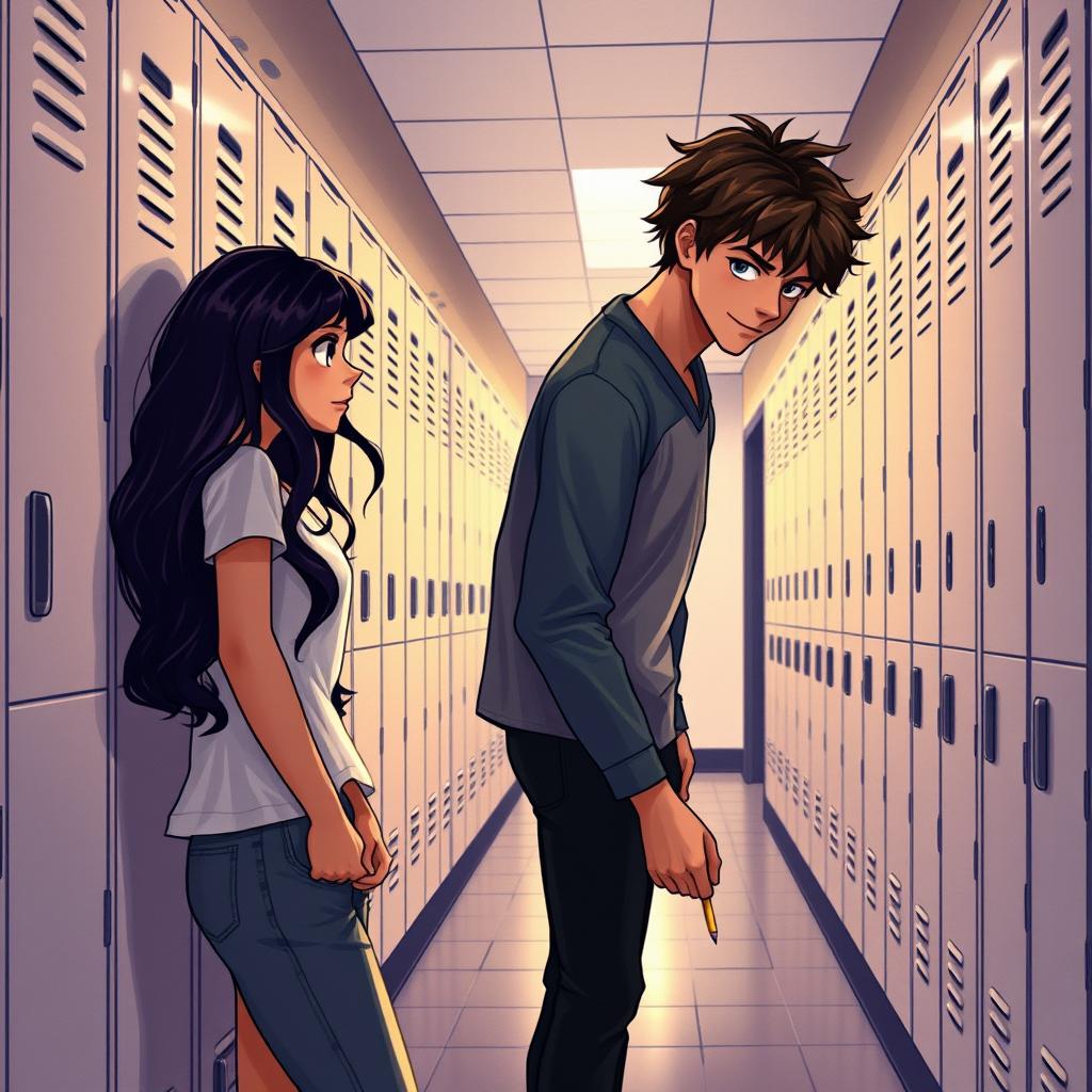 A scene capturing the essence of a quiet high school hallway where Aerin Reyes stands by her locker, a shy, artistic girl with long, wavy dark hair, wearing a simple yet stylish outfit that hints at her creative side