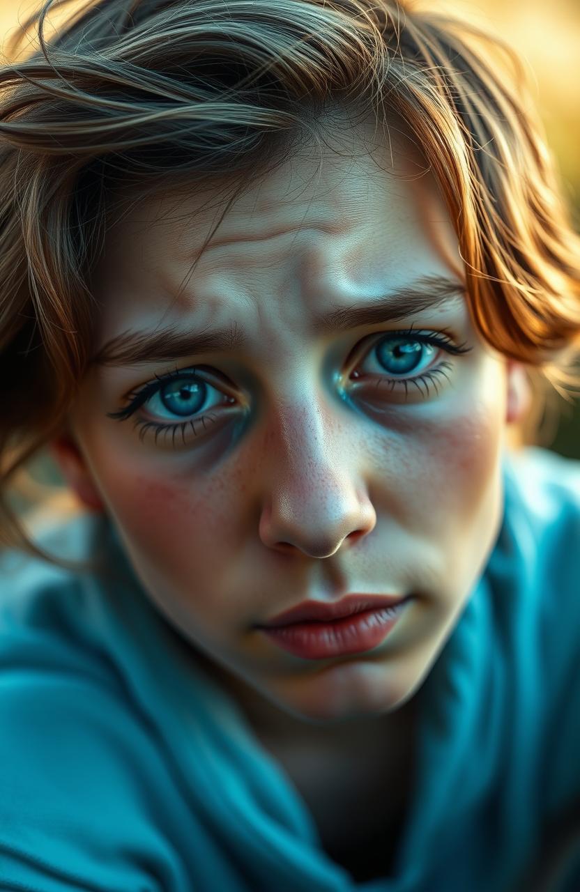 A close-up portrait of a person with striking blue eyes filled with tears, capturing an intense emotional expression
