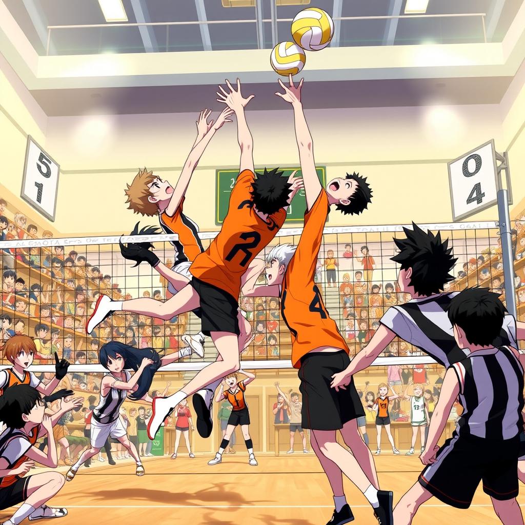 An intense volleyball match scene between Karasuno and Nekoma, showcasing dynamic action with players leaping and diving for the ball