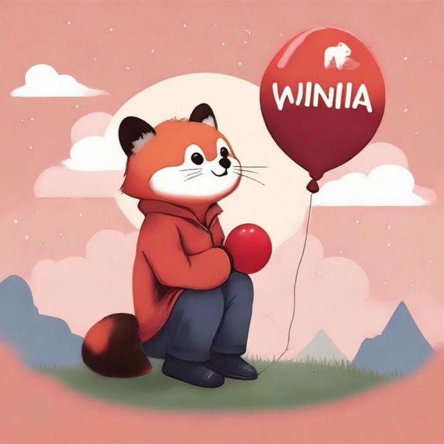 A child with a red panda face, sitting in profile gazing at a landscape with a cloudy red sky, holding a balloon in his hand with the word 'minimal' written on it